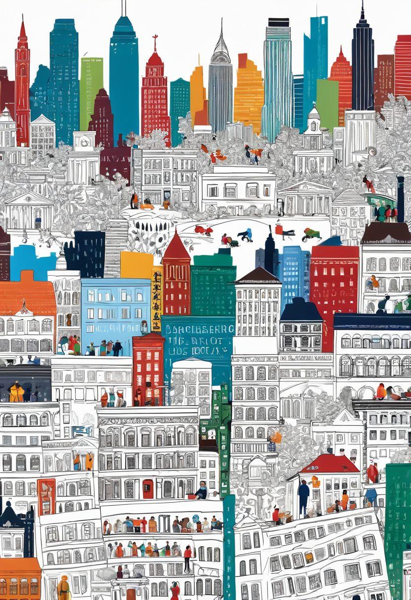 A detailed cityscape representing a diverse community, with various local laws symbolized by open books and scales of justice scattered throughout. Include people of different backgrounds engaging in discussions and activities reflecting legal support. Make the skyline vibrant and welcoming, showcasing local landmarks that emphasize community spirit. super-realistic. vibrant colors. white background.