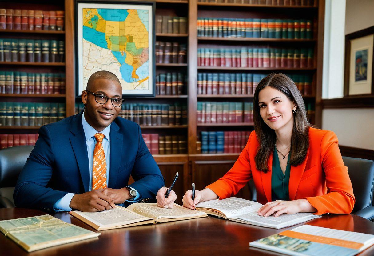 A pair of diverse attorneys collaborating in a warm, inviting local office, surrounded by law books and personalized client stories. In the background, a community map connects various legal services. A welcoming atmosphere symbolizing guidance and support through the justice system. super-realistic. vibrant colors. cozy setting.