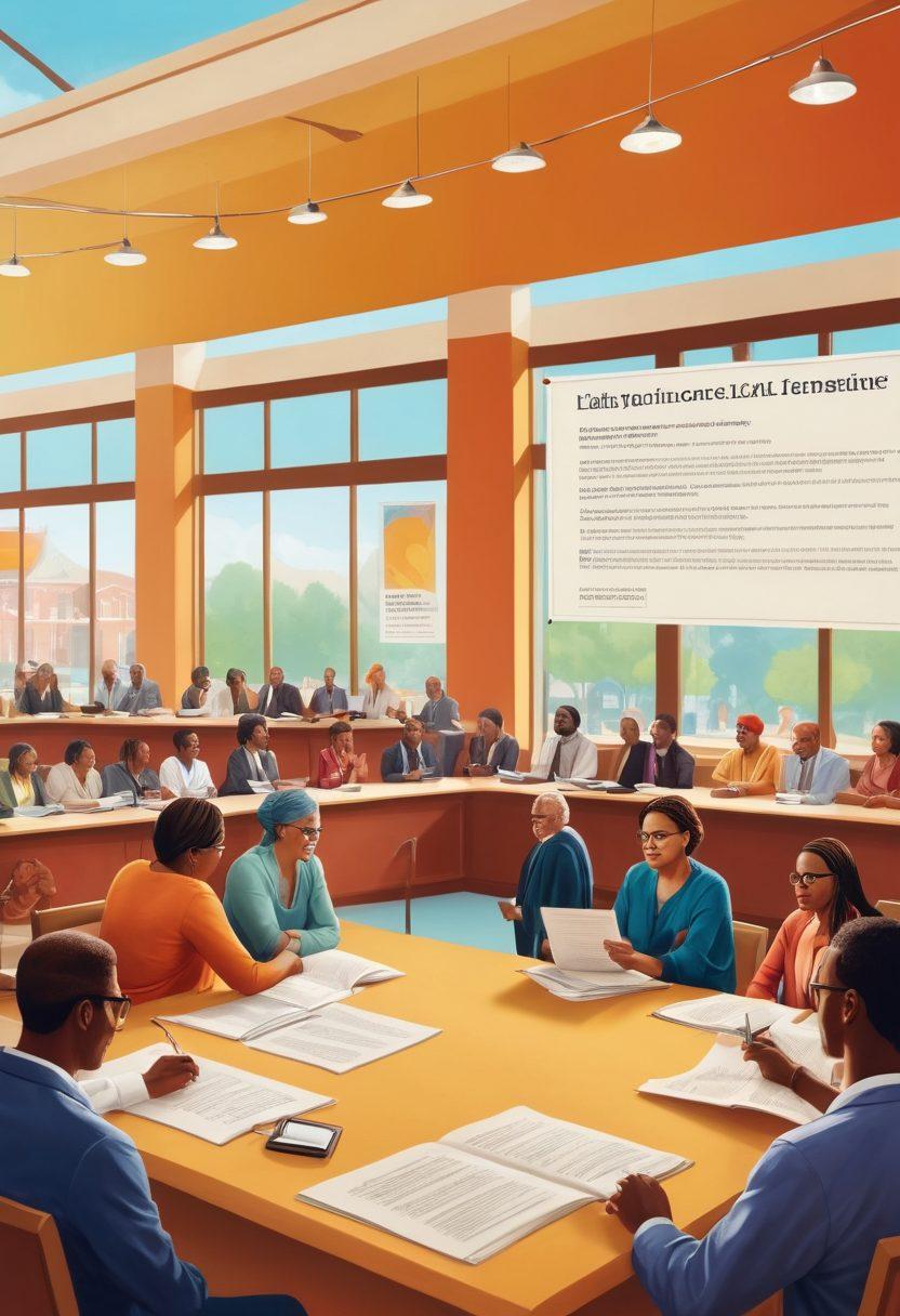 A diverse group of people gathered in a vibrant community setting, engaging in discussions about local laws and legal resources. In the backdrop, a large community center with banners showcasing law-related information. Symbolic icons like scales of justice and open books representing legal knowledge are interspersed. The scene radiates a sense of empowerment and collaboration. warm colors. super-realistic. vibrant colors.